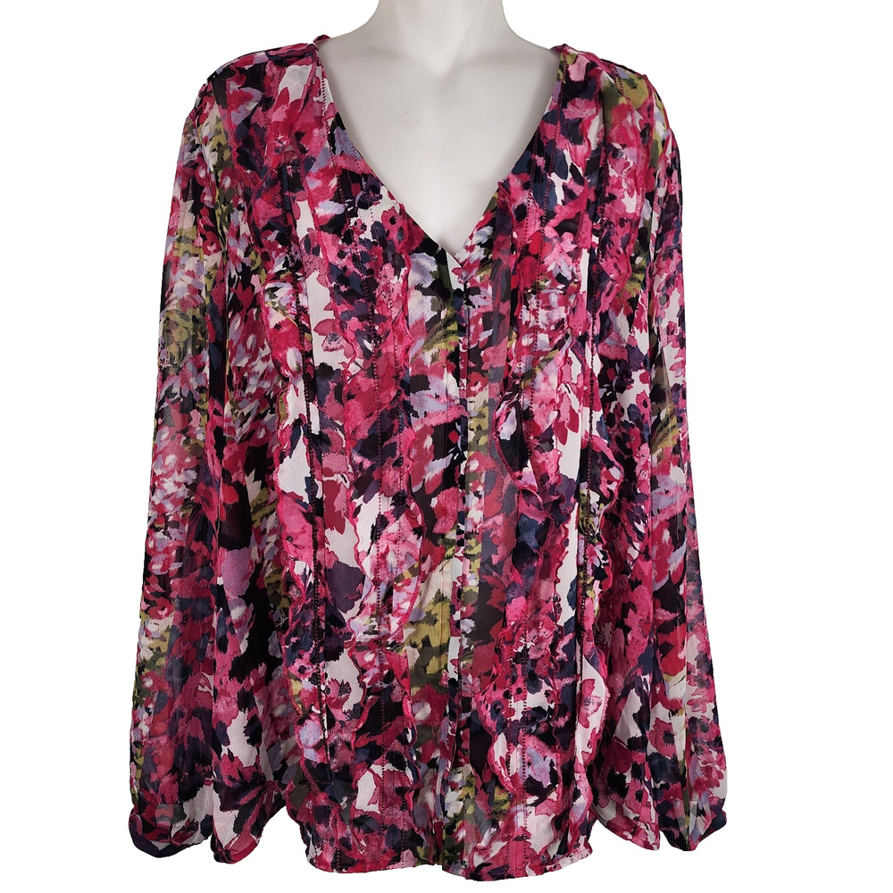 Chico's Floral Top Size 3.5 US 18 Sheer Long Sleeve Ruffled Poet Button Flowy